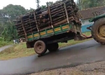 ಮರ ತುಂಬಿದ ಟ್ರ್ಯಾಕ್ಟರ್ ಪಲ್ಟಿ: ದುರಂತ ಪಾರು