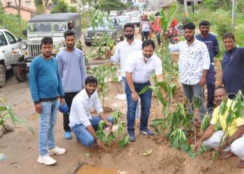 ಗುಂಡಿಬಿದ್ದ ರಸ್ತೆ ದುರಸ್ಥಿಗೆ ಆಗ್ರಹಿಸಿ ರಸ್ತೆಯಲ್ಲಿ ಗಿಡ ನೆಟ್ಟು ಪ್ರತಿಭಟನೆ